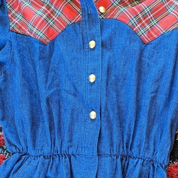 Vintage Sabino 80s Western Cotton Chambray Button Up Midi Plaid Shirt Dress 8 - Picture 11 of 14